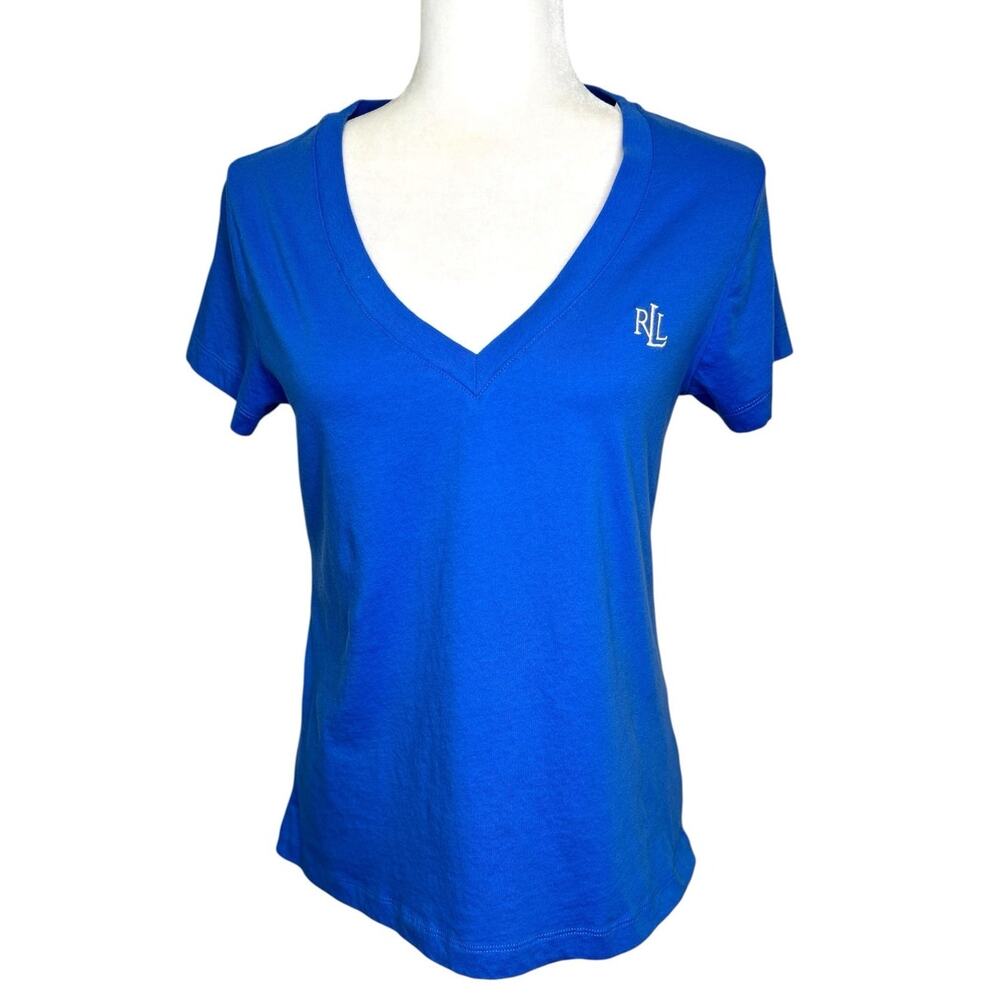 Lauren Ralph Lauren Blue V-Neck Short Sleeve Embroidered Logo  Cotton T-Shirt LG